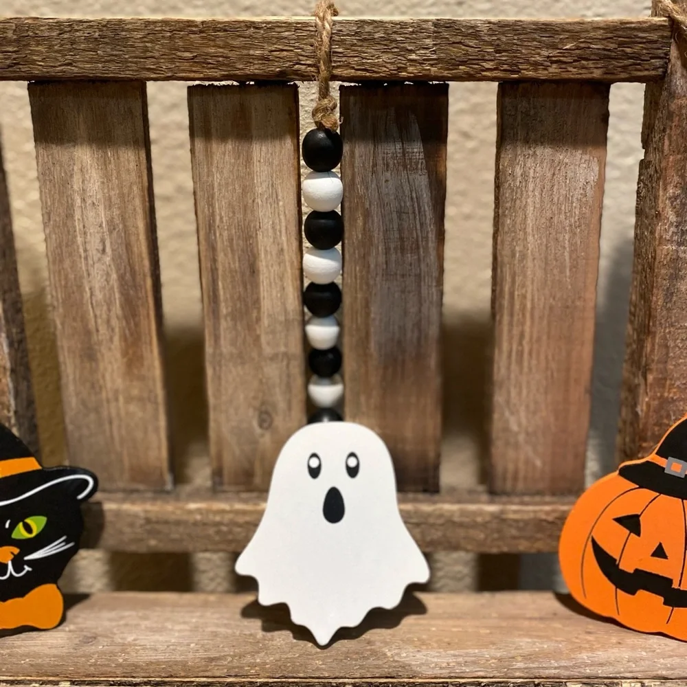 Halloween Beaded Garland Set Of 3, Black Cat Garland, Ghost Beaded Garland Set